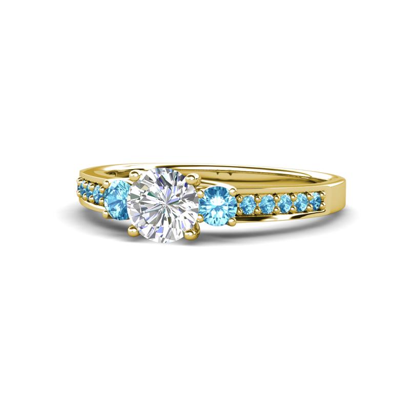 Dzeni Diamond and Blue Topaz Three Stone with Side Blue Topaz Ring 