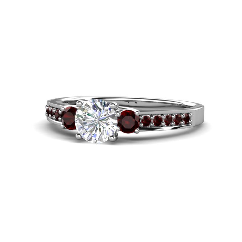 Dzeni Diamond and Red Garnet Three Stone with Side Red Garnet Ring 