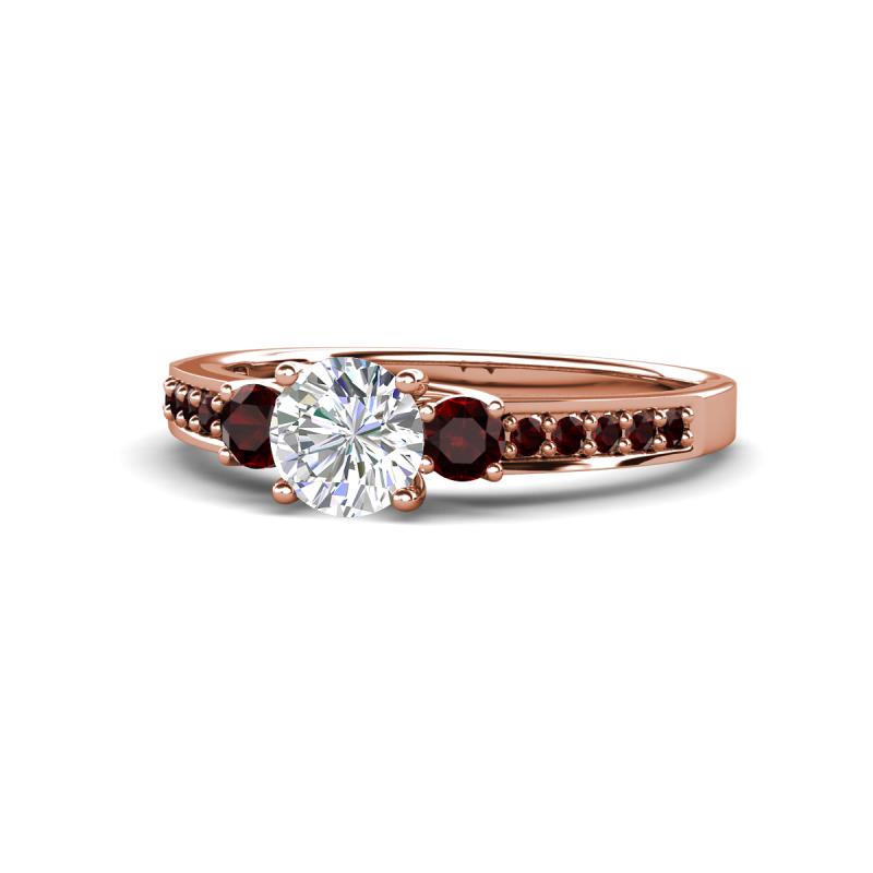 Dzeni Diamond and Red Garnet Three Stone with Side Red Garnet Ring 
