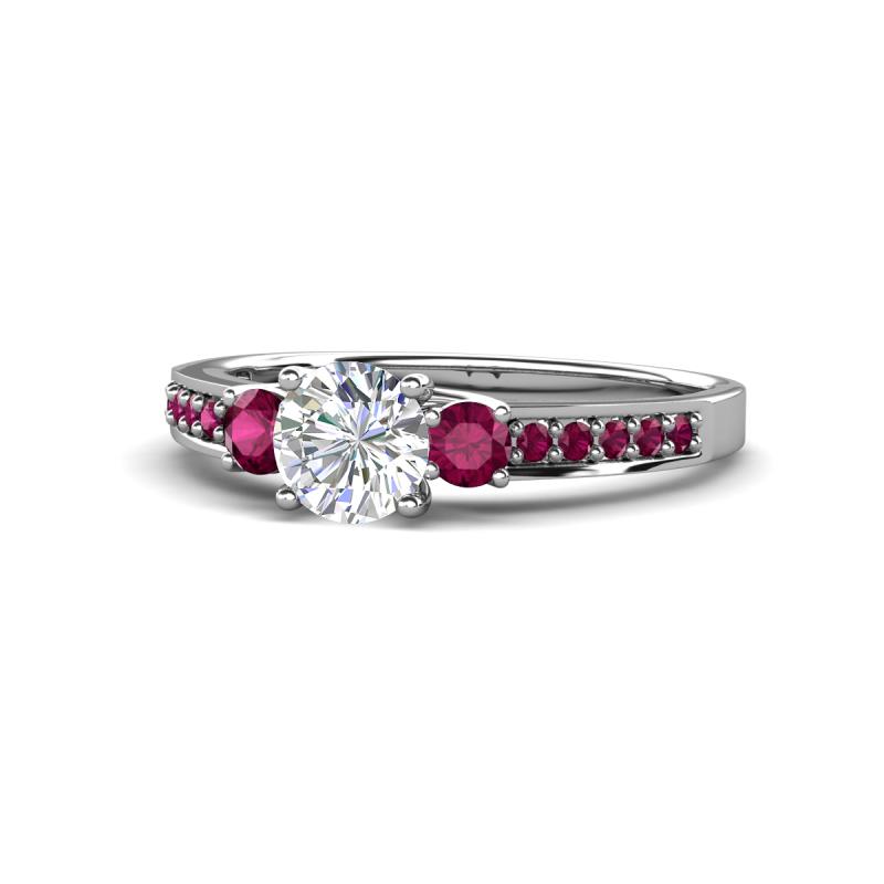 Dzeni Diamond and Rhodolite Garnet Three Stone with Side Rhodolite Garnet Ring 