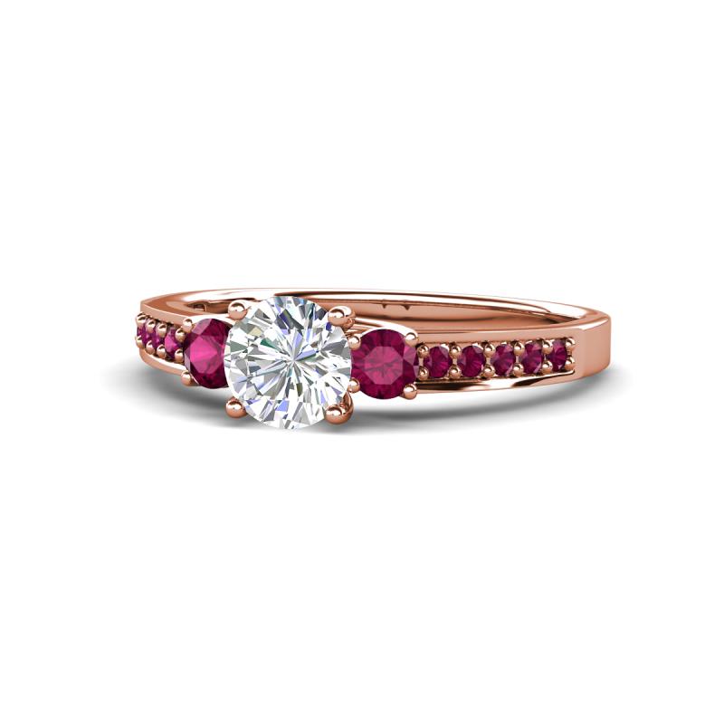 Dzeni Diamond and Rhodolite Garnet Three Stone with Side Rhodolite Garnet Ring 