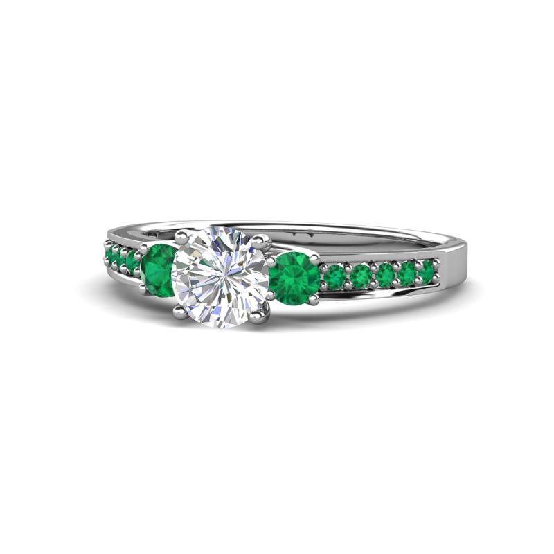 Dzeni Diamond and Emerald Three Stone with Side Emerald Ring 