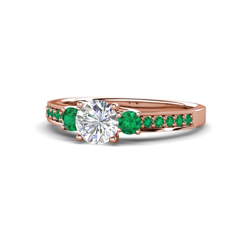 Dzeni Diamond and Emerald Three Stone with Side Emerald Ring 