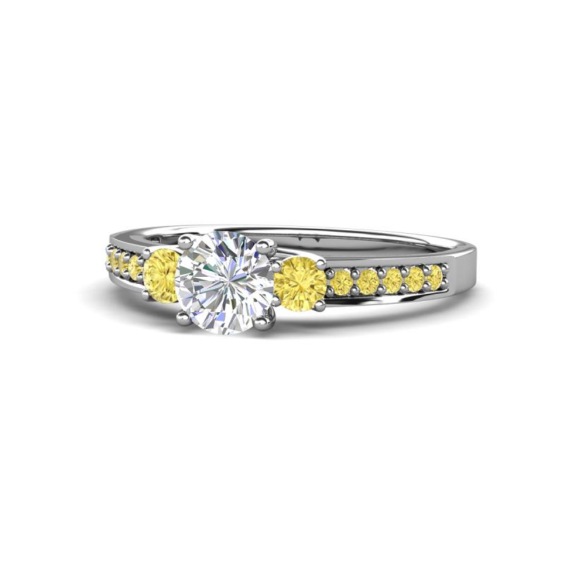 Dzeni Diamond and Yellow Sapphire Three Stone with Side Yellow Sapphire Ring 