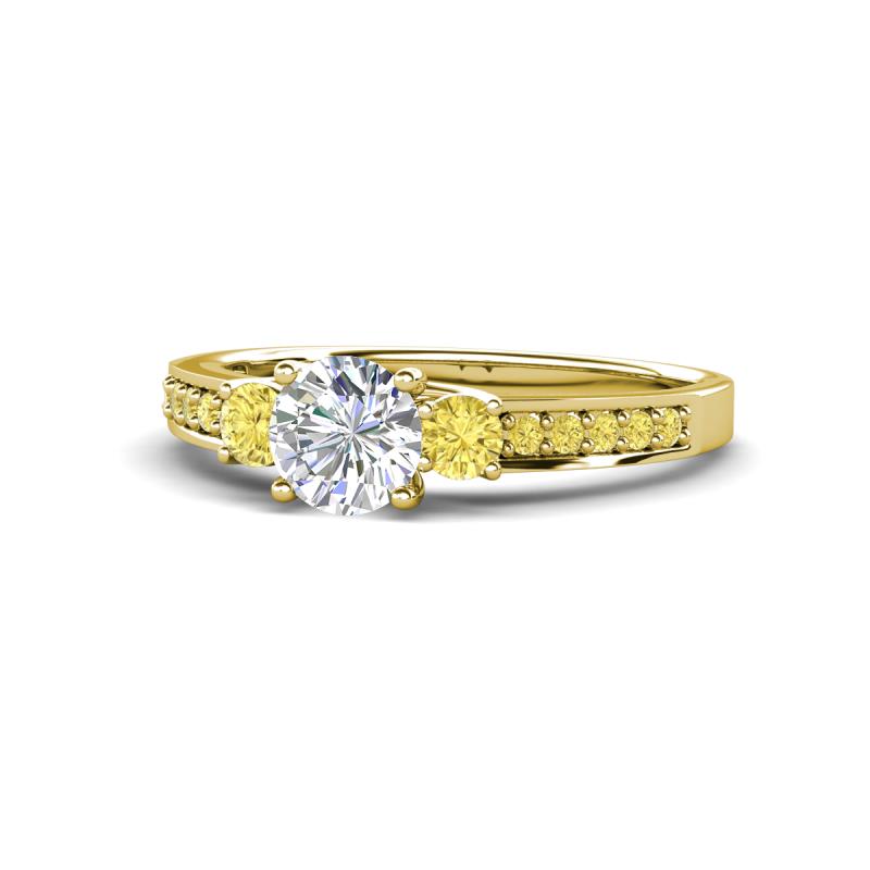 Dzeni Diamond and Yellow Sapphire Three Stone with Side Yellow Sapphire Ring 