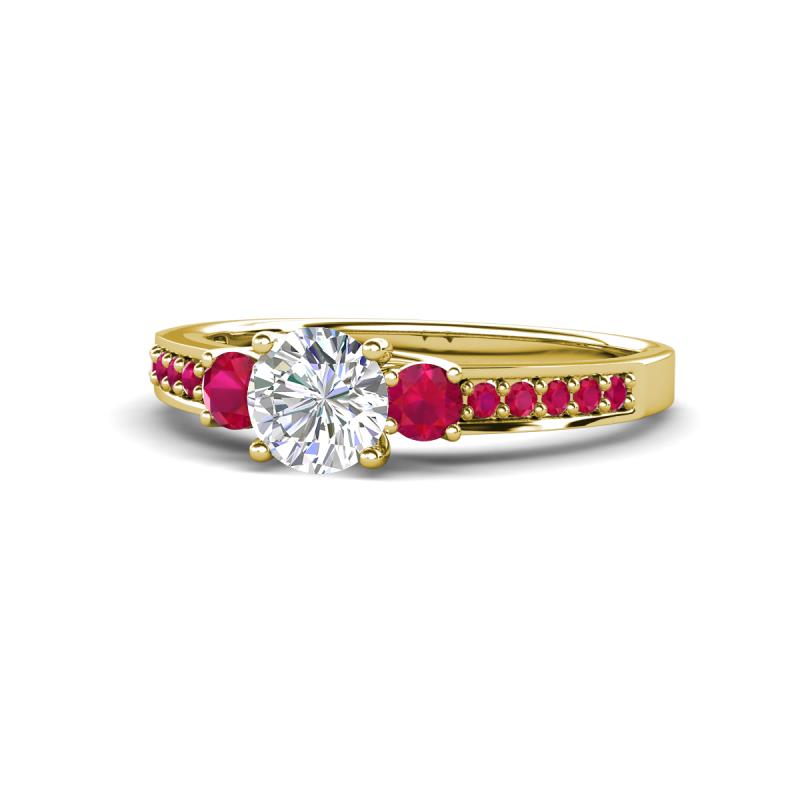 Dzeni Diamond and Ruby Three Stone with Side Ruby Ring 