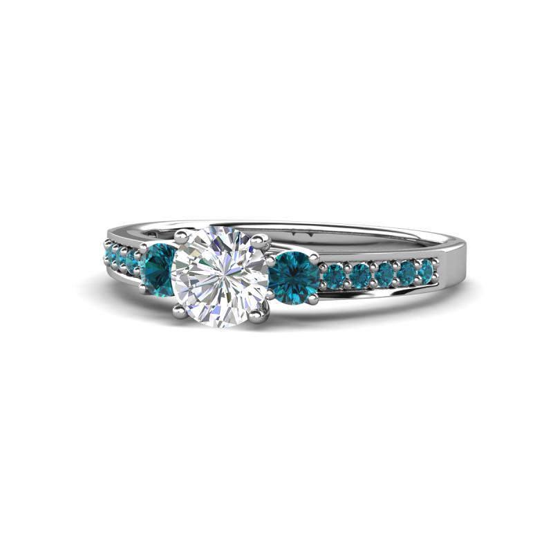 Dzeni Blue and White Diamond Three Stone with Side Blue Diamond Ring 