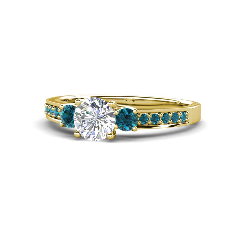Dzeni Blue and White Diamond Three Stone with Side Blue Diamond Ring 