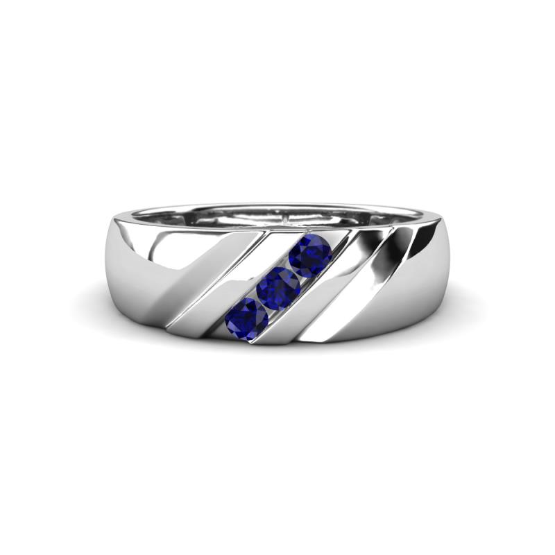 Jamal Blue Sapphire Diagonal Three Stone Men Wedding Band (6.50 mm) 