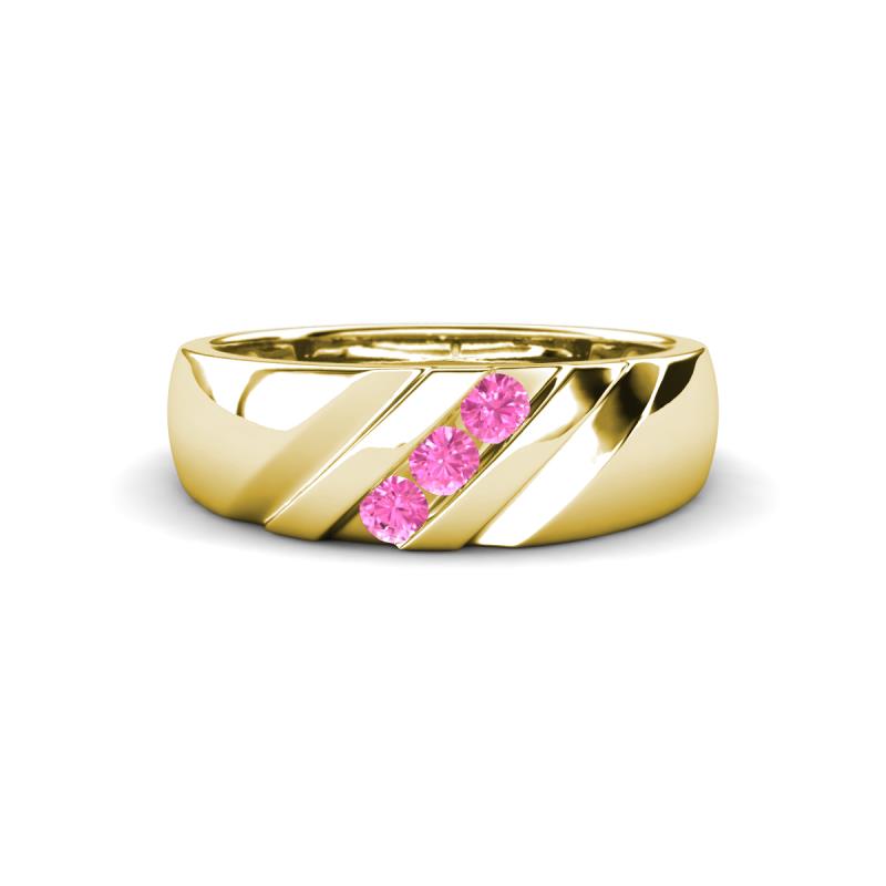 Jamal Pink Sapphire Diagonal Three Stone Men Wedding Band (6.50 mm) 
