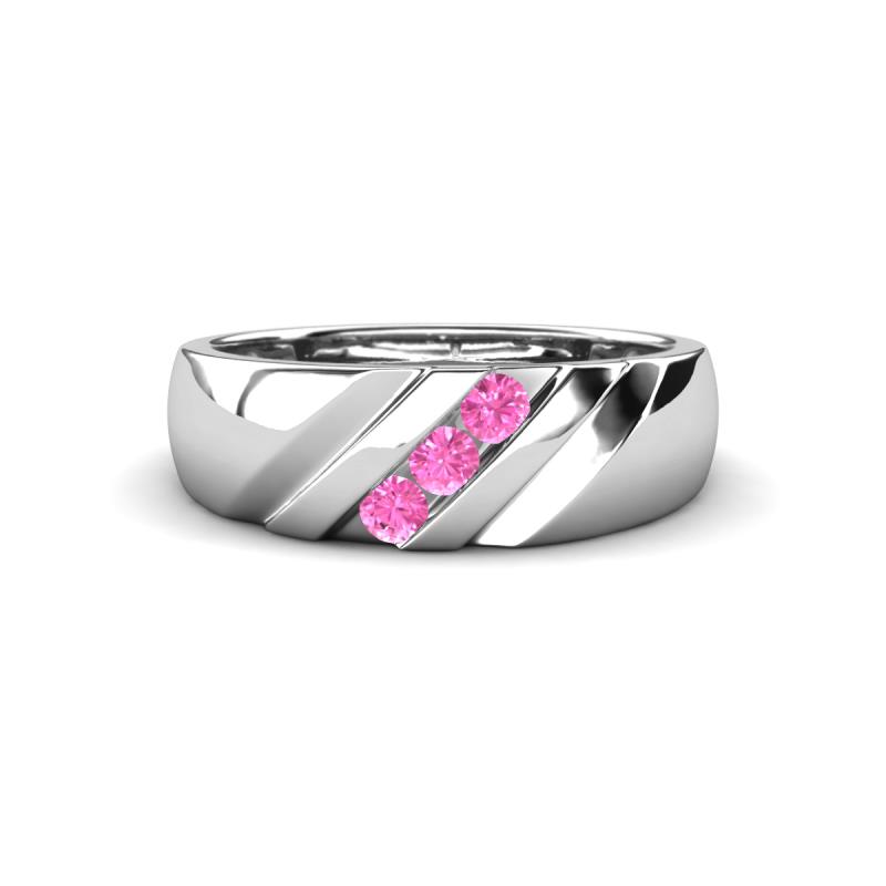 Jamal Pink Sapphire Diagonal Three Stone Men Wedding Band (6.50 mm) 