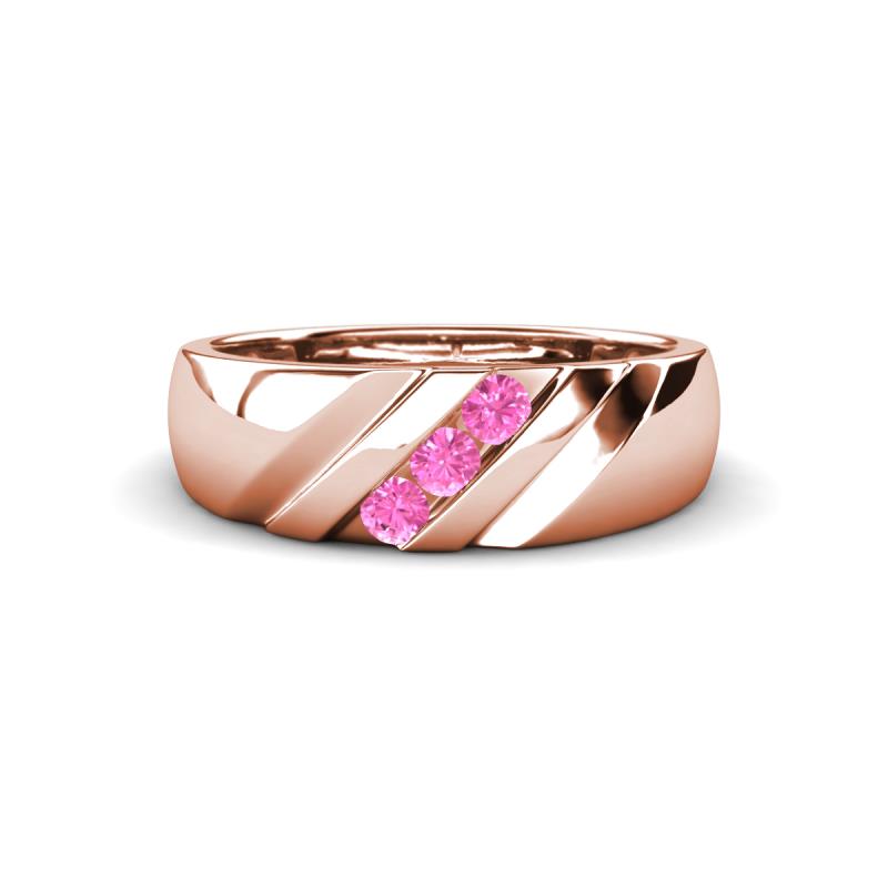 Jamal Pink Sapphire Diagonal Three Stone Men Wedding Band (6.50 mm) 