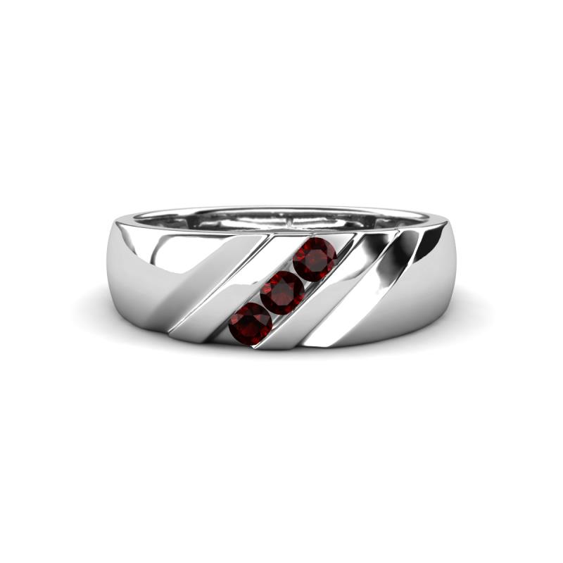 Jamal Red Garnet Diagonal Three Stone Men Wedding Band (6.50 mm) 