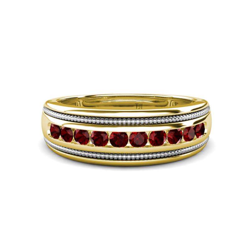 Zaid 0.63 ctw Round Red Garnet Two Toned and High Polished Edges Men Wedding Band (8 mm) 