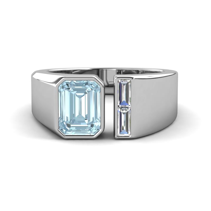 Vincere 1.62 ctw Emerald Shape Aquamarine accented Baguette Shape Lab Grown Diamond Women Three Stone Engagement Ring 