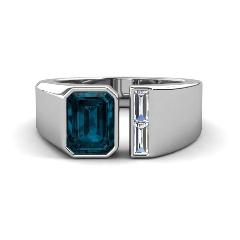 Vincere 2.22 ctw Emerald Shape London Blue Topaz accented Baguette Shape Lab Grown Diamond Women Three Stone Engagement Ring 