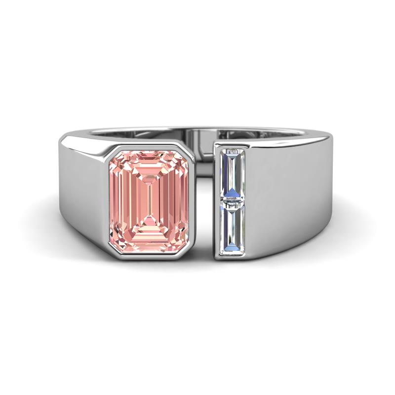 Vincere 1.62 ctw Emerald Shape Morganite accented Baguette Shape Lab Grown Diamond Women Three Stone Engagement Ring 