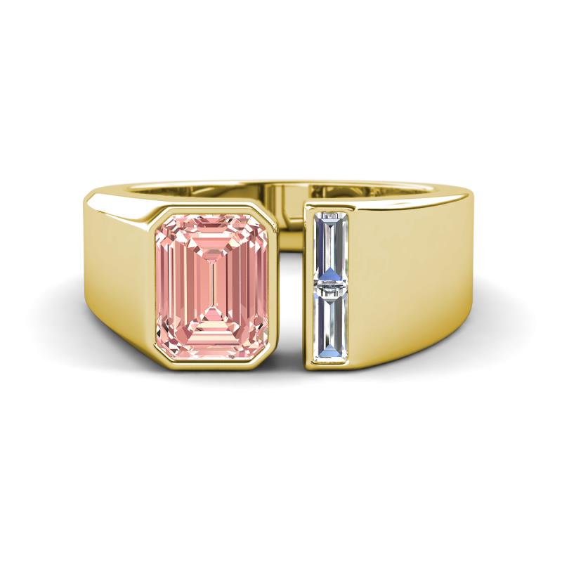 Vincere 1.62 ctw Emerald Shape Morganite accented Baguette Shape Lab Grown Diamond Women Three Stone Engagement Ring 