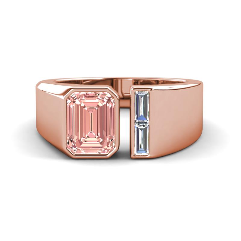 Vincere 1.62 ctw Emerald Shape Morganite accented Baguette Shape Lab Grown Diamond Women Three Stone Engagement Ring 