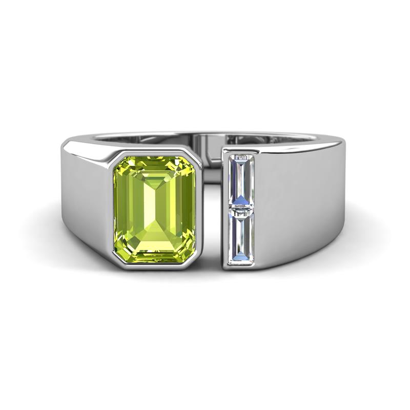 Vincere 1.92 ctw Emerald Shape Peridot accented Baguette Shape Lab Grown Diamond Women Three Stone Engagement Ring 