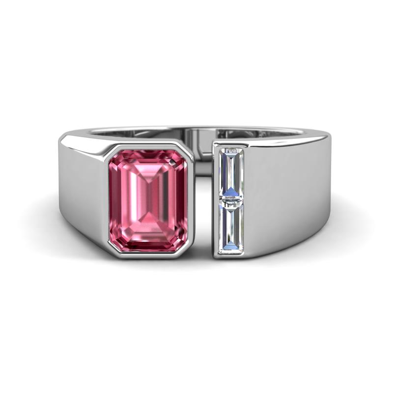 Vincere 1.87 ctw Emerald Shape Pink Tourmaline accented Baguette Shape Lab Grown Diamond Women Three Stone Engagement Ring 