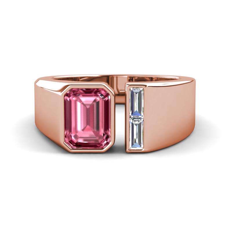 Vincere 1.87 ctw Emerald Shape Pink Tourmaline accented Baguette Shape Lab Grown Diamond Women Three Stone Engagement Ring 