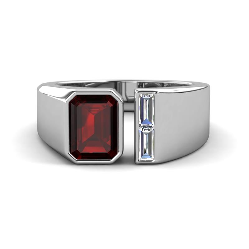 Vincere 2.17 ctw Emerald Shape Red Garnet accented Baguette Shape Lab Grown Diamond Women Three Stone Engagement Ring 