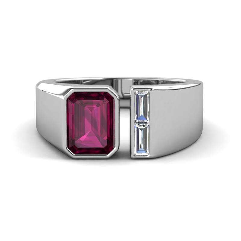 Vincere 2.22 ctw Emerald Shape Rhodolite Garnet accented Baguette Shape Lab Grown Diamond Women Three Stone Engagement Ring 