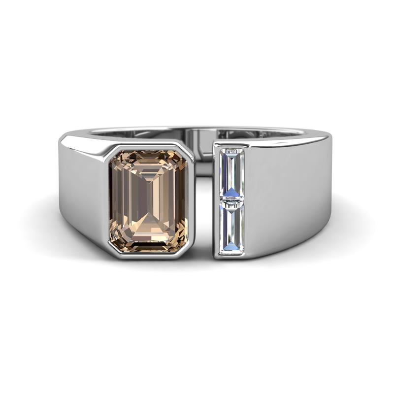 Vincere 1.92 ctw Emerald Shape Smoky Quartz accented Baguette Shape Lab Grown Diamond Women Three Stone Engagement Ring 