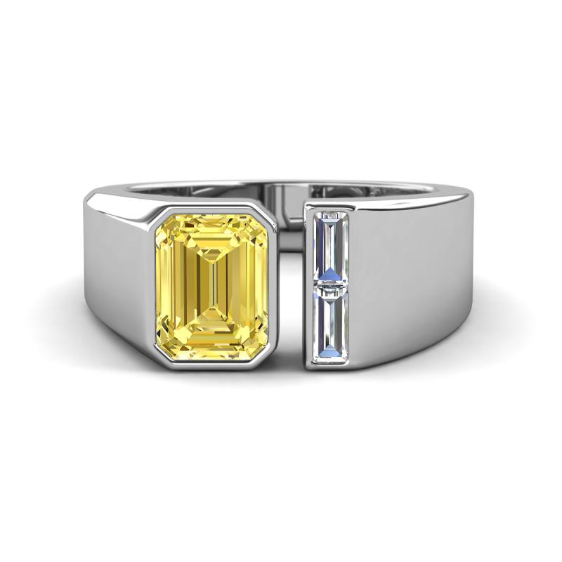 Vincere 1.72 ctw Emerald Shape Yellow Sapphire accented Baguette Shape Lab Grown Diamond Women Three Stone Engagement Ring 