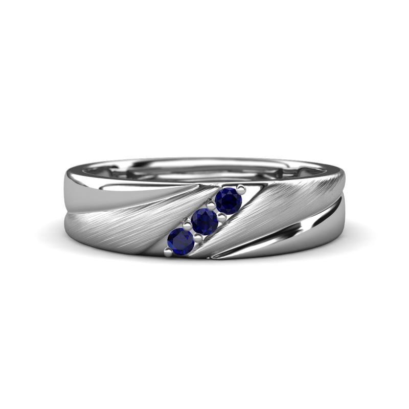 Amani Blue Sapphire Angled Brushed and Polished Finish Men Three Stone Wedding Band (6 mm) 