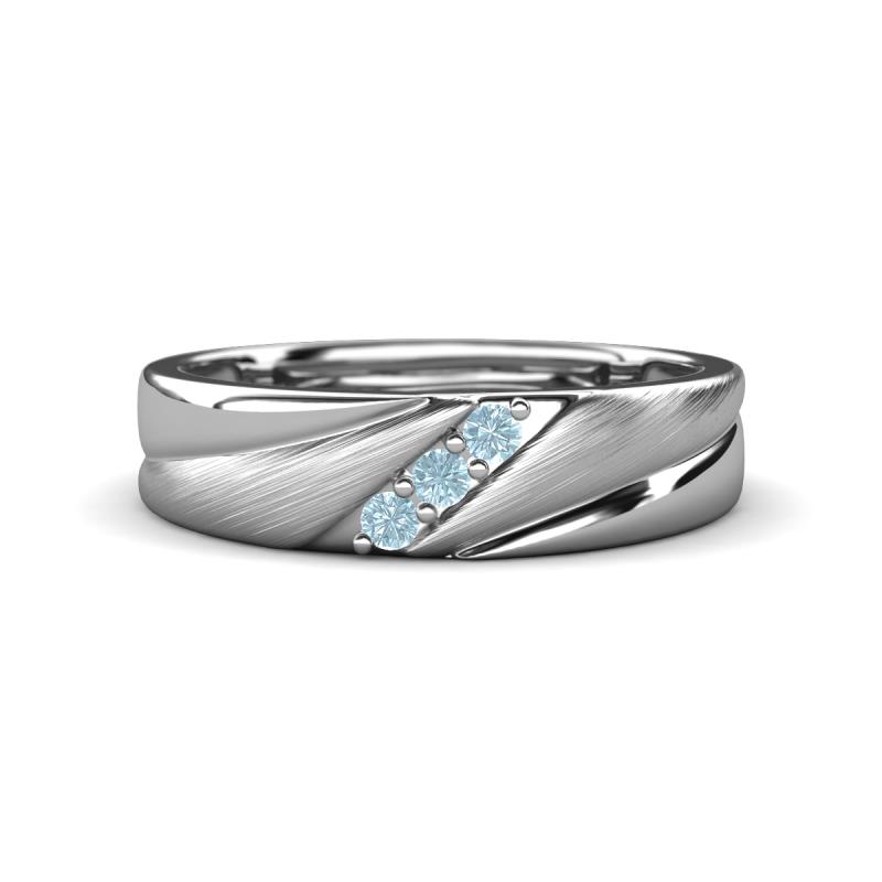 Amani Aquamarine Angled Brushed and Polished Finish Men Three Stone Wedding Band (6 mm) 
