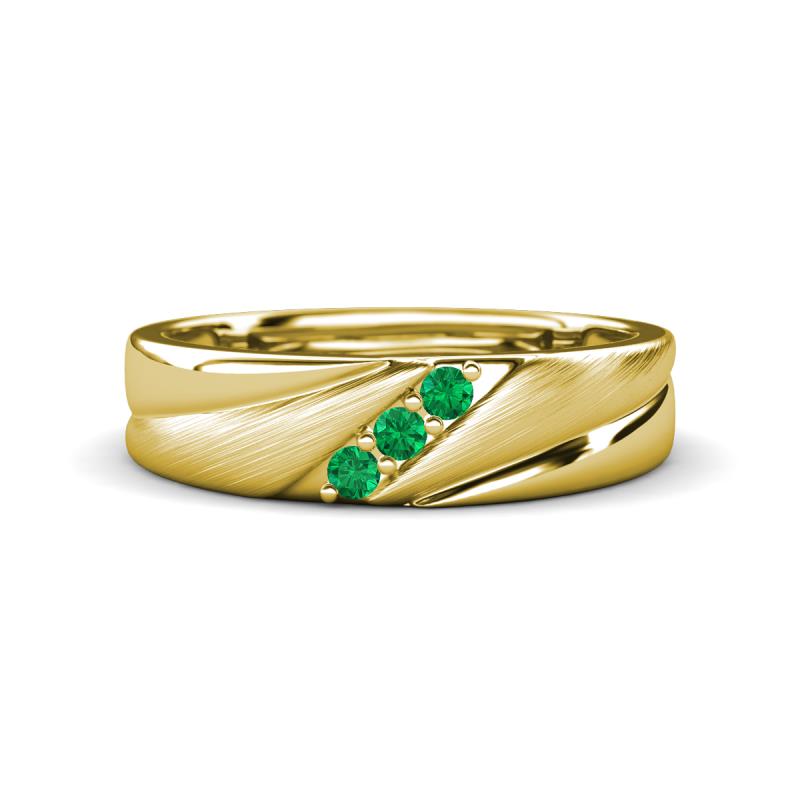 Amani Emerald Angled Brushed and Polished Finish Men Three Stone Wedding Band (6 mm) 