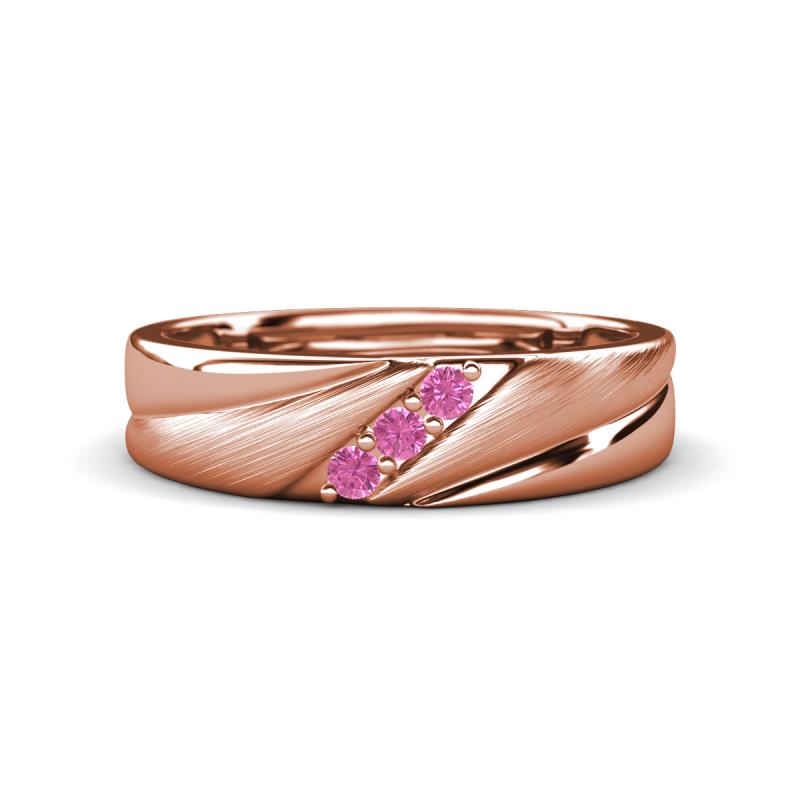 Amani Pink Sapphire Angled Brushed and Polished Finish Men Three Stone Wedding Band (6 mm) 