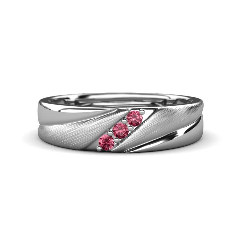 Amani Pink Tourmaline Angled Brushed and Polished Finish Men Three Stone Wedding Band (6 mm) 