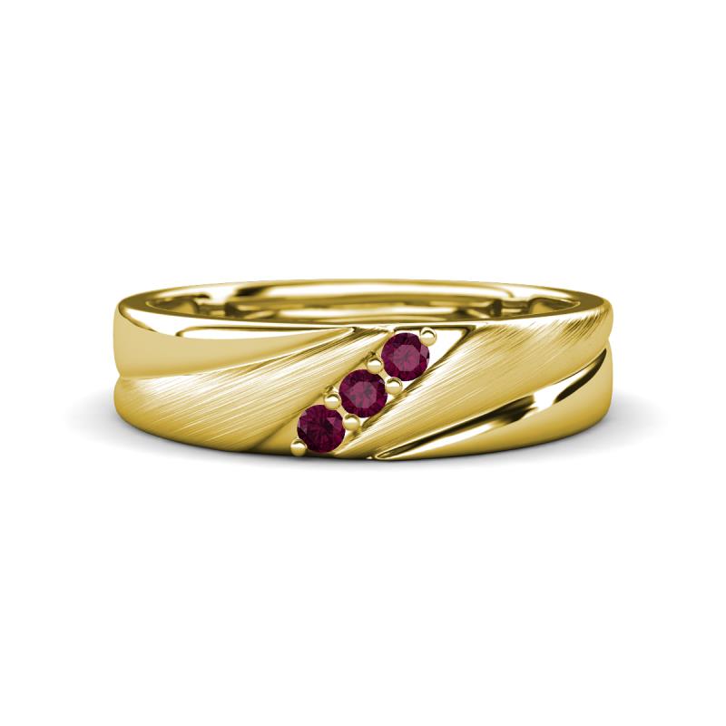 Amani Rhodolite Garnet Angled Brushed and Polished Finish Men Three Stone Wedding Band (6 mm) 