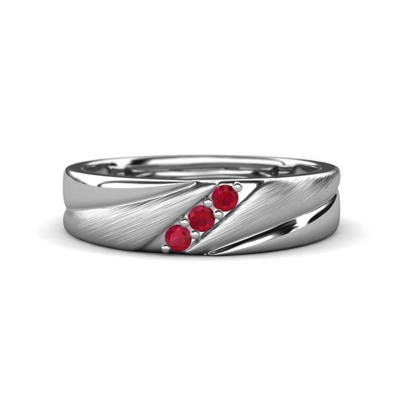 Amani Ruby Angled Brushed and Polished Finish Men Three Stone Wedding Band (6 mm) 