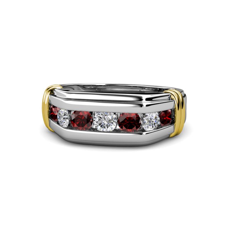 Brad 1.12 ctw Red Garnet and Lab Grown Diamond 7 Stone Men Wedding Ring 