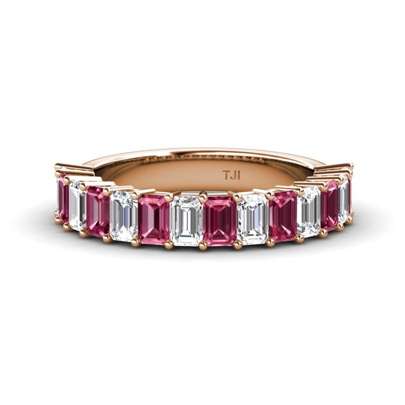 Alaya Emerald Cut Pink Tourmaline and Diamond 14 Stone Wedding Band 