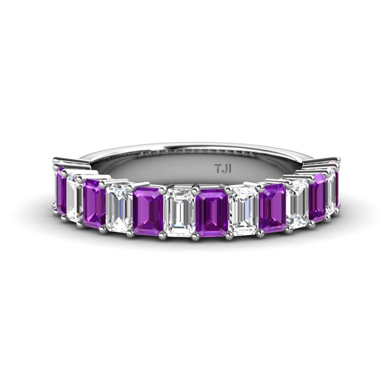 Alaya Emerald Cut Amethyst and Diamond 14 Stone Wedding Band 