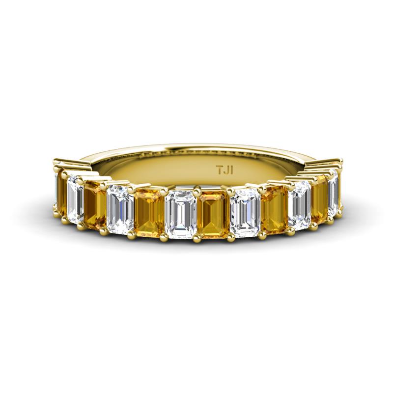 Alaya Emerald Cut Citrine and Diamond 14 Stone Wedding Band 