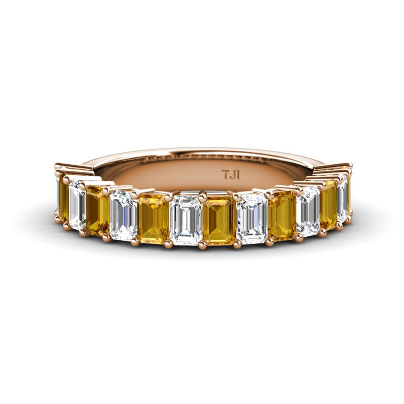 Alaya Emerald Cut Citrine and Diamond 14 Stone Wedding Band 