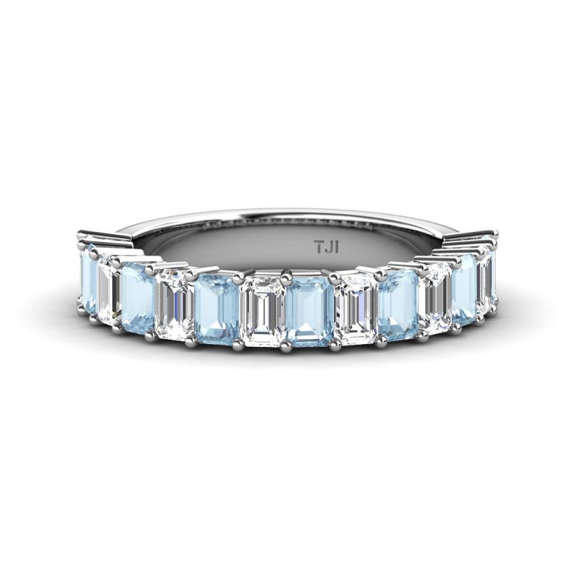 Alaya Emerald Cut Aquamarine and Diamond 14 Stone Wedding Band 