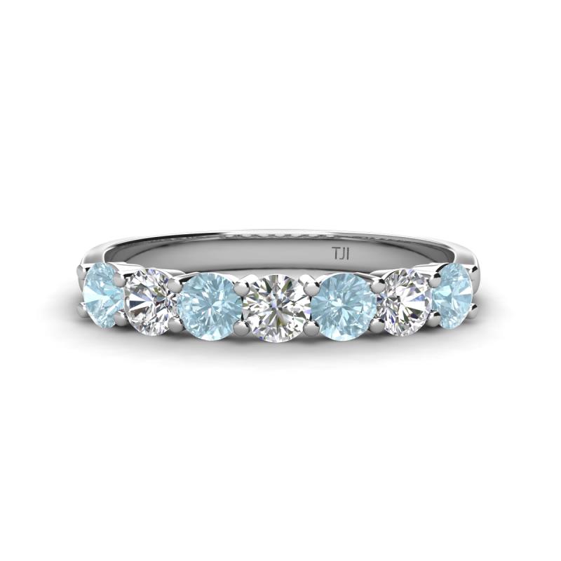 Kathleen 3.40 mm Round Aquamarine and Diamond 7 Stone Wedding Band 