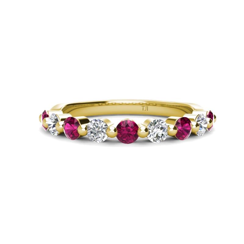 Venice 3.00 mm Round Rhodolite Garnet and Lab Grown Diamond 9 Stone Wedding Band 