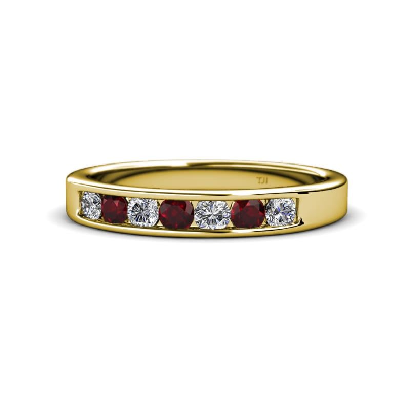 Kathiryn 3.00 mm Red Garnet and Lab Grown Diamond 7 Stone Wedding Band 