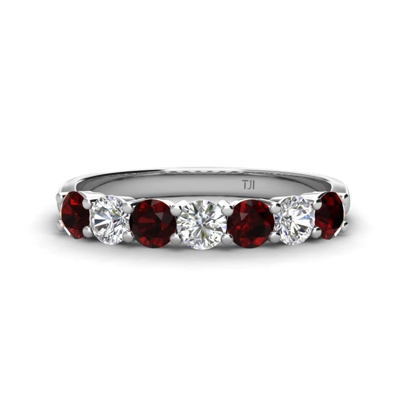 Kathleen 3.40 mm Round Red Garnet and Diamond 7 Stone Wedding Band 