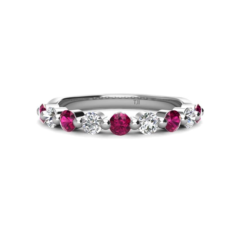 Venice 3.00 mm Round Rhodolite Garnet and Diamond 9 Stone Wedding Band 