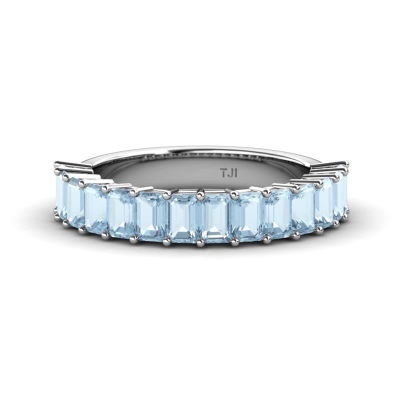 Alaya Emerald Cut Aquamarine 14 Stone Wedding Band 