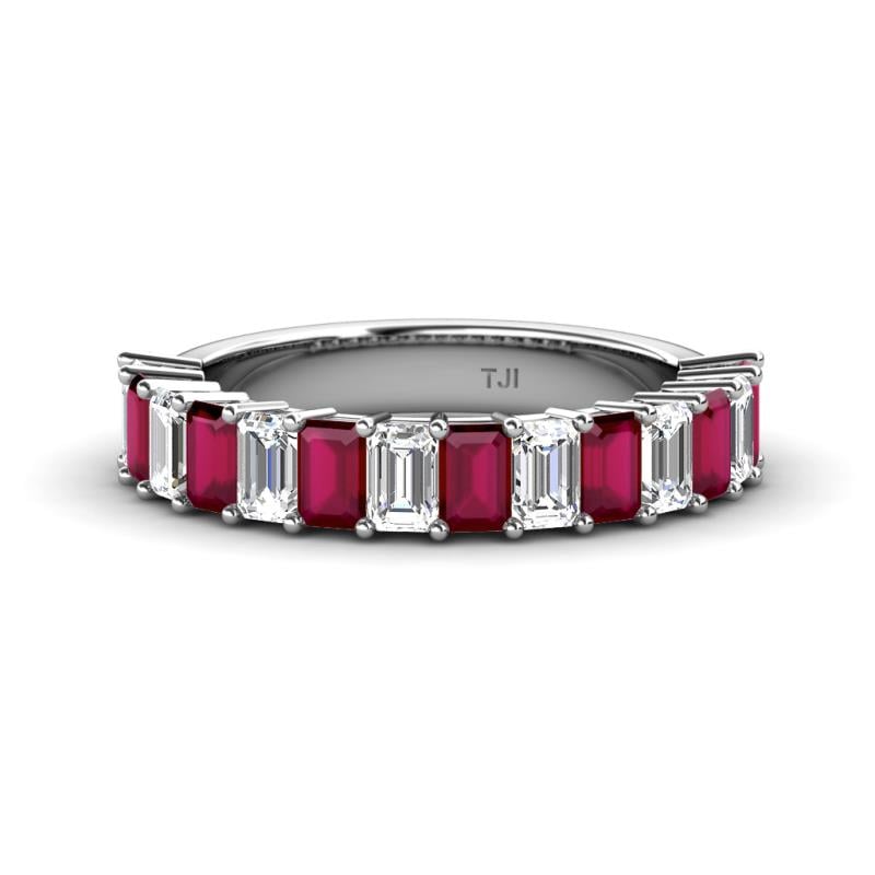 Alaya Emerald Cut Ruby and Diamond 14 Stone Wedding Band 